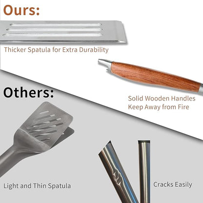 FJNATINH Heavy-Duty Grilling Accessories Rose Wooden BBQ Grilling Tools Set,Outdoor Grill Set with Spatula, Fork, Brush & Tongs,Essential Accessories for Barbecue & Grill. Ideal Gift for Men