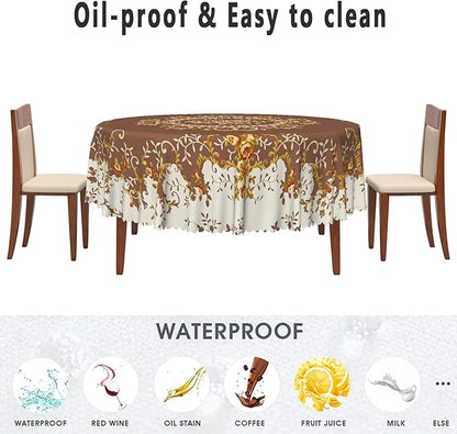 French Floral Circle Tablecloth Brown Flowers Tablecloths Vintage Luxury Classic Design Waterproof Rectangle Polyester Resistant Round Table Cover for Picnic Dinner Decor 70 Inch