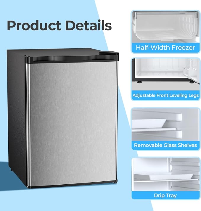 Antarctic Star 2.56 Cu.Ft. Mini Fridge with Freezer, Small Refrigerators with Adjustable Thermostat, Low Noise, Energy Saving, Compact Refrigerators for College Dorm, Office, Bedroom, Stainless Steel