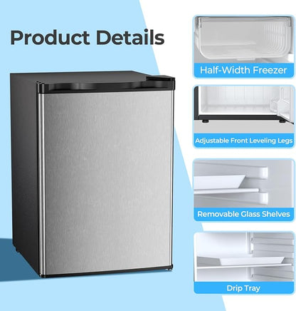 Antarctic Star 2.56 Cu.Ft. Mini Fridge with Freezer, Small Refrigerators with Adjustable Thermostat, Low Noise, Energy Saving, Compact Refrigerators for College Dorm, Office, Bedroom, Stainless Steel