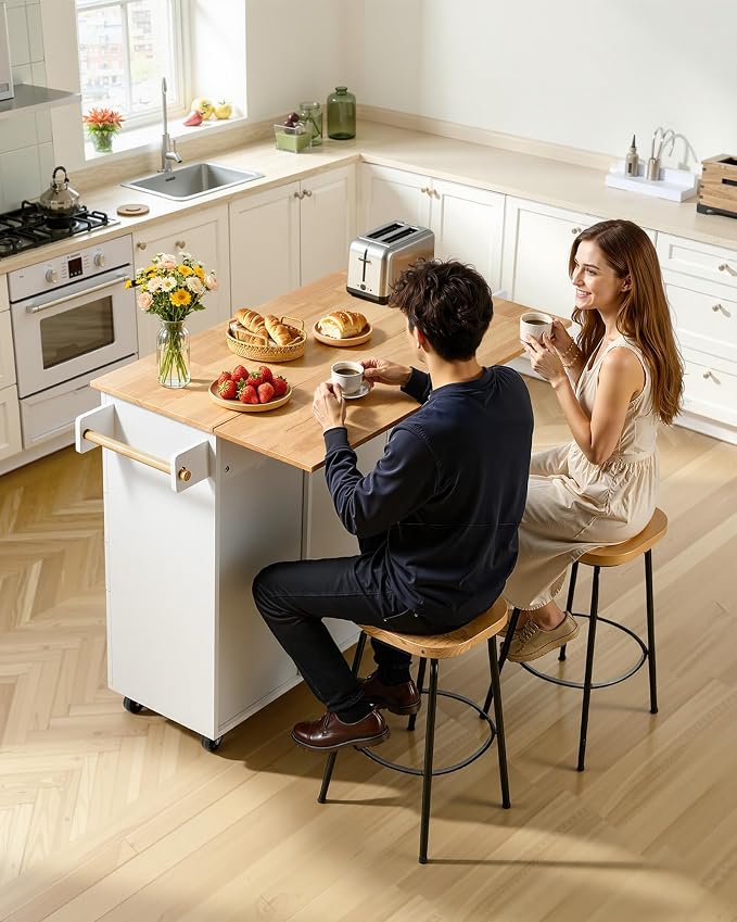VEVOR Kitchen Island Cart, 45.3x39 inch Rolling Kitchen Table, Mobile Carts with Storage Cabinet and Solid Wood Top, Portable Islands with Wheels, Spice Rack, Towel Rack, Drop Leaf and Drawer, White