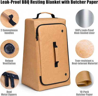 BBQ Blanket for Resting Meat, 270° Opening Leak-Proof Insulated Meat Resting Bag with Butcher Paper, BBQ Brisket Blanket for Pork Shoulder/Steak/Turkey, Smoker Grilling Accessories Gifts for Men/Dad
