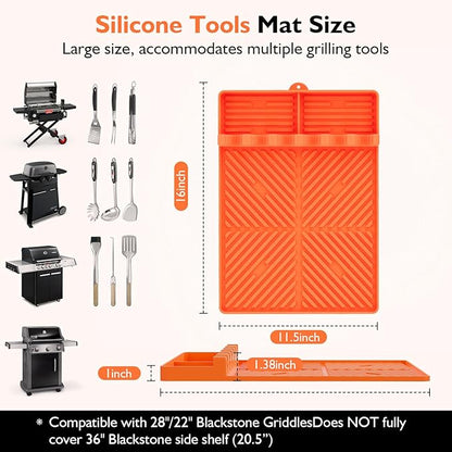 Silicone Griddle Tools Mat for Blackstone griddle accessories, Reusable grill accessories, Spatula Silicone Mat with Drip Pad for Outdoor Grill Side Shelves 16 * 11.5 inches （Orange)