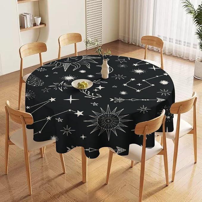 Sun Moon Round Tablecloth Boho Astrology Celestial Constellation Star Crescent Galaxy Space Table Cloth Water Resistant Wipeable Table Cover for Picnic Party Holiday Kitchen Dinner Table 50"