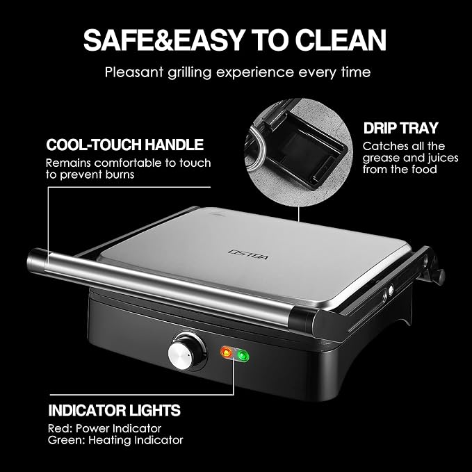 OSTBA Panini Press Grill, 4-Slice Sandwich Maker with Nonstick Plates | 1200W Heating with Adjustable Temperature, 180° Opening, Drip Tray, Stainless Steel, Easy Cleanup