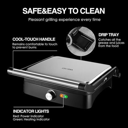 OSTBA Panini Press Grill, 4-Slice Sandwich Maker with Nonstick Plates | 1200W Heating with Adjustable Temperature, 180° Opening, Drip Tray, Stainless Steel, Easy Cleanup