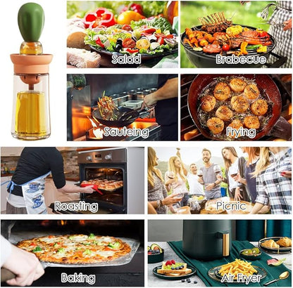 Oil Dispenser with Brush - Glass Olive Oil Dispenser for Kitchen, 2 IN 1 Oil Dispenser Bottle with Silicone Basting Brush for Cooking Vinegar Sauce BBQ Grill Frying, T-OB21, Grey