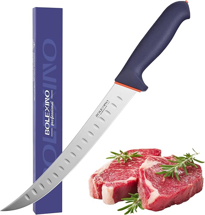 10-inch Curved Breaking Knife W SoftGrip Handle, Sharp Premium Butcher Knife Made of High Carbon Stainless Steel For Meat Cutting (Navy Blue)
