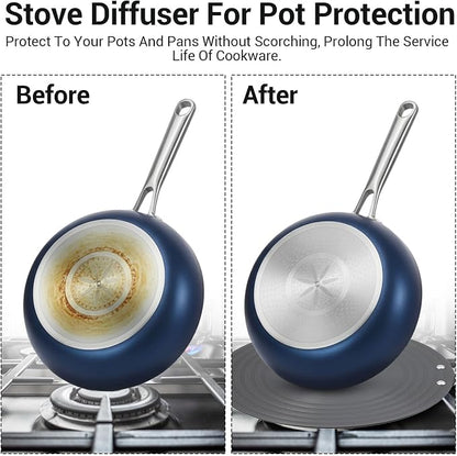 2-Pack Heat Diffuser for Gas Stove with Foldable Handle, 9.5" & 11" Gas Stove Diffuser Plate for Even Heating, Aluminum Simmer Plate for Electric Stoves, Defrosting Tray, Flame Guard