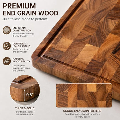 Walnut Cutting Board for Kitchen, Checkered End Grain Wood Cutting Board, Butcher Block with Juice Groove, Handle & Non-Slip Feet, Large Charcuterie Board for Meat, BBQ & Serving