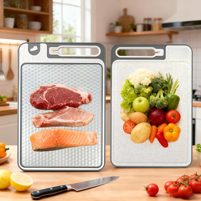 Stainless Steel Cutting Board, 14"x10" Cutting Boards for Kitchen, Dishwasher Safe, Scratch-Resistant with Juice Groove, Separate Sides for Meat and Vegetables (Smooth Surface)
