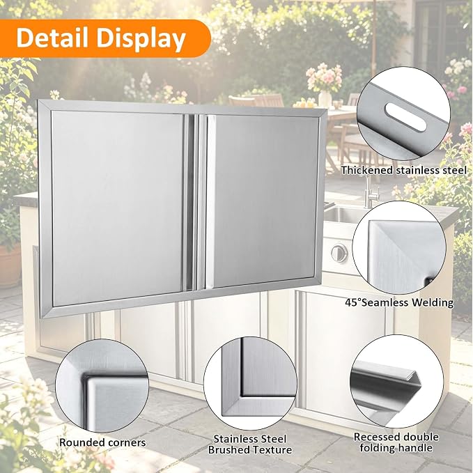 JIE JIN Outdoor Kitchen Door 35" W X 24" H Double Doors BBQ Access Door BBQ Island Door 304 Brushed Stainless Steel Flush Mount Door for Outdoor Kitchen BBQ Island Outdoor Cabinet Doors