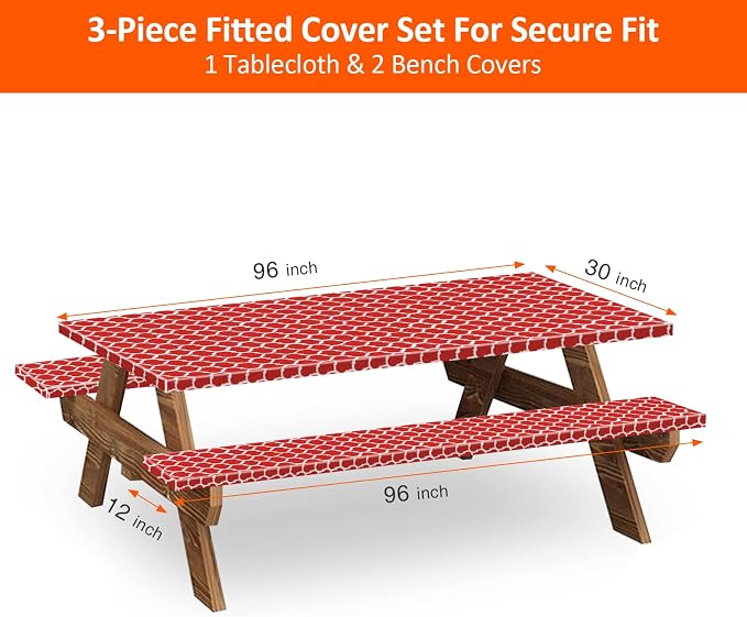 KENOBE 8ft 96in Picnic Table and Bench Cover, 3 Pack, Red-White Moroccan | Waterproof, Windproof, Elastic Fitted Edges Tablecloth, for Rectangle Table & Seat, Camping Essentials RV Gear