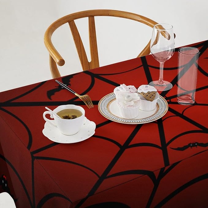 Spider Web Tablecloth, Gothic Black Spider Web Bat Red Water Resistant Wipeable Table Cover for Picnic Party Holiday Kitchen Dinner Table 55"x75"
