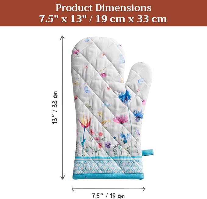 Maison d'Hermine Oven Gloves 100% Cotton Oven Mitt 7" x 13" with Loop Heat Resistant BBQ Cooking Gloves Baking Grilling Kitchen Hotel Home Farmhouse Spring Summer (Pack of 1, Flower in The Field)