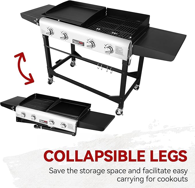 Royal Gourmet GD401 Portable Propane Gas Grill and Griddle Combo with Side Table | 4-Burner, Folding Legs,Versatile, Outdoor | Black 66 Inch