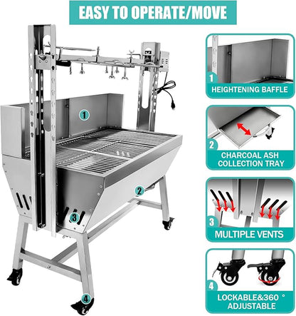 Rotisserie Grill Charcoal Spit Roaster, Stainless Steel 37" Pig Lamb Hooded Roaster Charcoal Spit With 25W Motor & Adjustable Height Lockable Casters For Party Barbecue,132 LBS With Baffle
