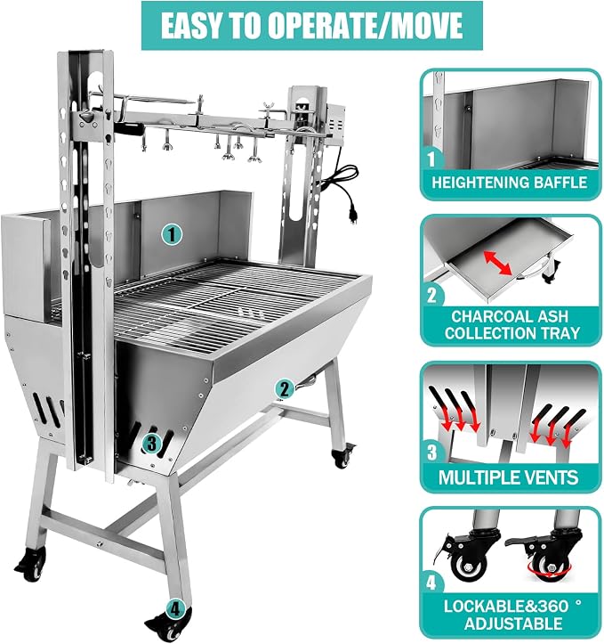 37" Electric Rotisserie Grill, Pig Lamb Spit Roaster Stand With 132 Lbs Capacity and Adjustable Height, BBQ Charcoal Grill Kit Stainless Steel for Outdoor Party Camping