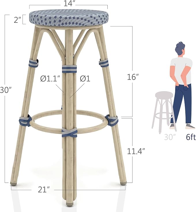 Seadrift Boho 30-inch Aluminum and All-Weather Wicker Barstools with Footrest, Patio Stools & Bar Chairs for Outdoor, Kitchen Counter, Poolside, Yard, Set of 2, Gray and Navy Blue