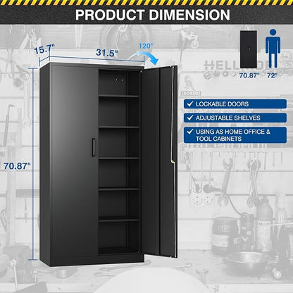 Fesbos Metal Storage Cabinet-71” Tall Steel File Cabinets with Lockable Doors and Adjustable Shelves-Black Steel Storage Cabinet for Home, School, Office, Garage