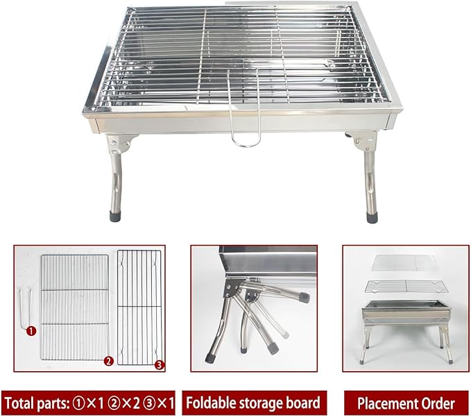 Portable Stainless Steel Grill, Home Charcoal Grill and Outdoor Folding Grill, Perfect for Traveling, Outdoor Cooking and BBQ, Camping, Picnics.