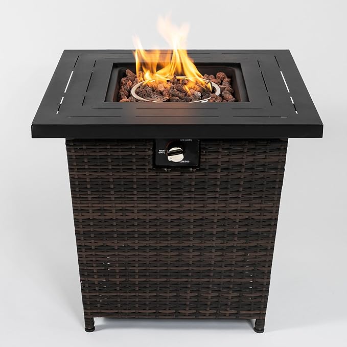 KEIKI 28 Inch Wicker Propane Fire Pit Table, Square Outdoor Gas Firepit with Rattan Base, 50000 BTU Patio Heater with Lid and Lava Rocks