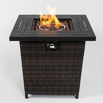 KEIKI 28 Inch Wicker Propane Fire Pit Table, Square Outdoor Gas Firepit with Rattan Base, 50000 BTU Patio Heater with Lid and Lava Rocks