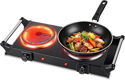 Electric Countertop Double Burner, 1800W Cooktop with Crystal Glass Hot Plate, 5-Level Stepless Temperature Control, Stay Cool Handles, Easy to Clean, Compatible Cooking Stove for Office Home RV