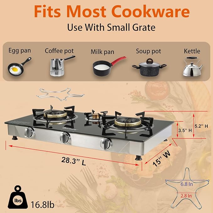 3 Burner Propane Gas Stove with Auto Ignition, 34000 BTU High-Efficiency Heavy-Duty Tempered Glass Cooktop, CSA Regulator & Hose Included, for Outdoor Camping Emergency