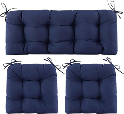 Wicker Chair Cushions of 3 Pieces, Waterproof Cushions for Patio Furniture, Tufted Wicker Outdoor Furniture Cushions, 1 Patio Loveseat Cushion and 2 U-Shaped Cushions, 44"x19"x5", Navy Blue
