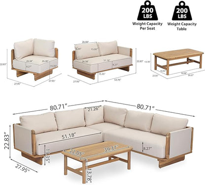 Merax 4 Piece Patio Outdoor Furniture Set, All-Weather V-Shaped Sectional Sofa with Cushions, 1 Coffee Table for Porch, Lawn, Backyard, Balcony, Light Teak+ Beige