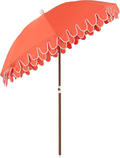 JONATHAN Y Horizon 6.5 ft. Scalloped Fringe Beach Umbrella, Coral Red | UV 50 Sun Protection, Push Button Tilt, Matching Carry Bag, Brown Wood Finish Pole, Wind Vent, 8 Fiberglass Ribs, Pointed End