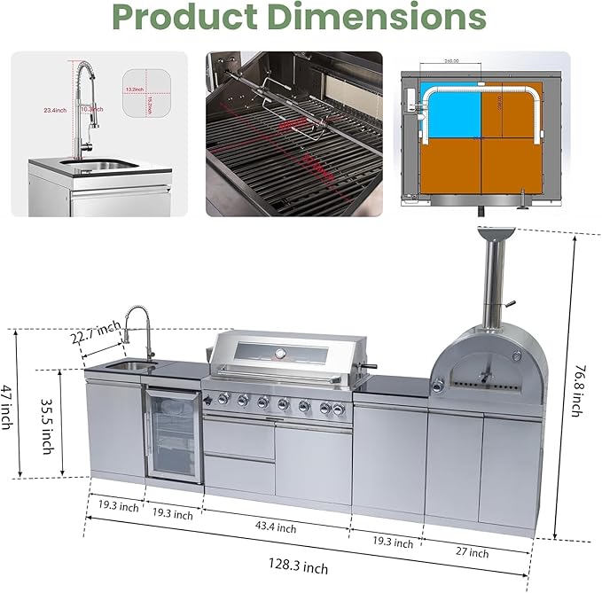 128" Modular Outdoor Kitchen,120,000 BTU Stainless Steel Natural Gas BBQ Grill with Built-In Pizza Oven,Rotisserie,Refrigerator,Granite Countertop,Storage Drawers & Cabinets.