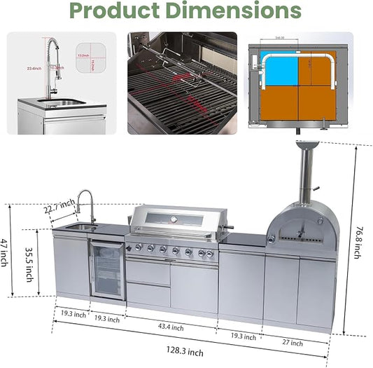 128" Outdoor Kitchen Island,Stainless Steel Propane BBQ Grill with Pizza Oven, Rotisserie, Refrigerator, Granite Countertop, Storage Cabinets & Drawers 120,000 BTU.