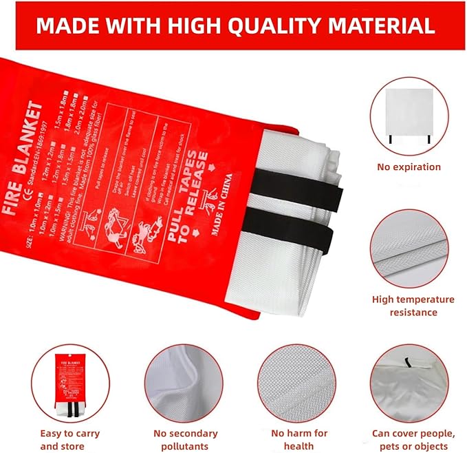 Fire Blanket 40"x40" - Reusable Emergency Fire Suppression for Kitchen, Grill, Home, Camping,Car,Fireplace, School, BBQ & Office (1 Pack)