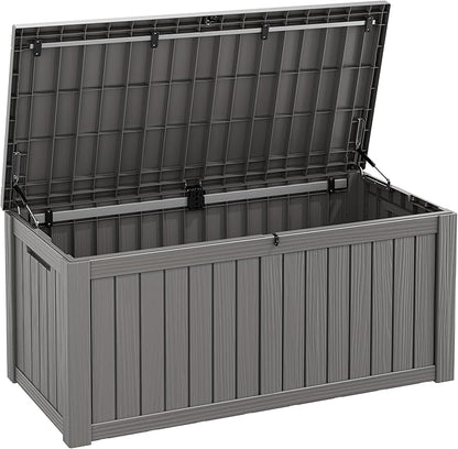 Fancyango 150 Gallon Outdoor Deck Box Waterproof, Large Storage Box for Patio, Resin Storage Bench Lockable for Garden Tools, Package Delivery, Grey