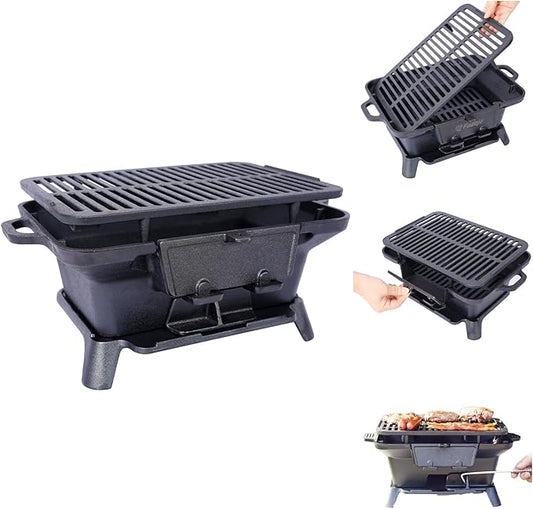 Cast Iron Hibachi Grill, Portable Charcoal Hibachi Grills with Double-Sided Grill Grate, 100% Cast Iron, Compact Camping Charcoal Cooker for Tailgating, Picnics & Hunting (Rectangle)