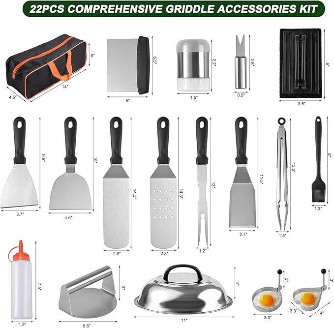 22PCS Griddle Accessories for Blackstone, Flat Top Grill Accessories for Camp Chef, Griddle Spatula Set with Metal Spatula, Enlarged Spatulas, Basting Cover, Scraper for Outdoor Barbecue