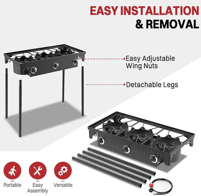 3 Burner Propane Camp Stove | 225,000 BTU | High Pressure Gas Burners | CSA Certified | Waterproof Cover | Detachable Legs | Ideal for Camping Tailgating Backyard Outdoor Cooking