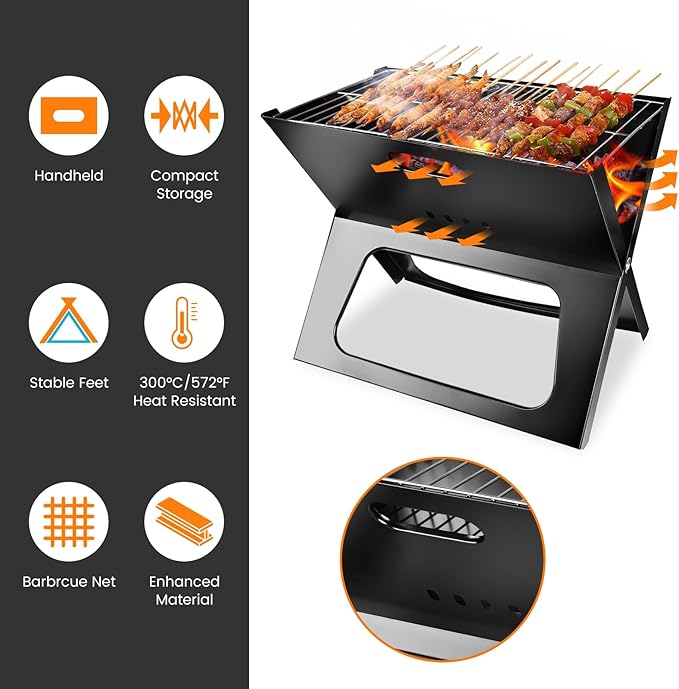 Portable Barbecue Grill, BBQ Charcoal Grill, Foldable Charcoal Grill BBQ Tool for Camping Picnics Garden Beach Party Outdoor Travel (170Sq.in)