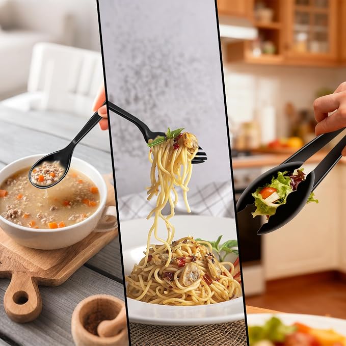 24 Pcs Black Plastic Serving Utensils Set, Elegant Disposable Party Spoons & Forks, Premium Heavy Duty Tableware for Birthday Party, Wedding, Halloween, Graduation, Buffet & Special Events