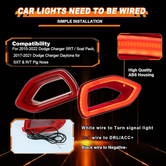 Front Bumper LED Grille Lights for 2015-2022 Dodge Charger SRT/Scat Pack Pig Nose Switchback Grille Lamps Fog with Red LED Daytime Running Light DRL & Turn Signal (Red Lens)