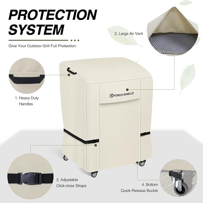 Porch Shield 34W x 24D x 46H inch Premium Gas Grill Cover Up to 32 inch, Waterproof and Fade Resistant 600D BBQ Covers for Weber, Brinkmann, Char-Broil and More, Light Tan