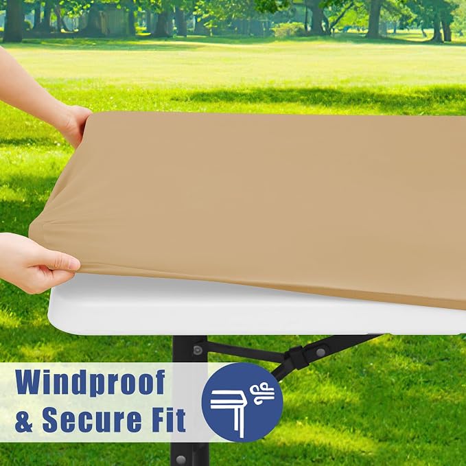 Moosfor 2 Pack Rectangle Spandex Fitted Table Cloth, 8FT Elastic Tablecloth | Washable Picnic Table Cover, Stretch Waterproof Table cloths for Party, Patio, Dining, Kitchen, 30" x 96", Dark Khaki