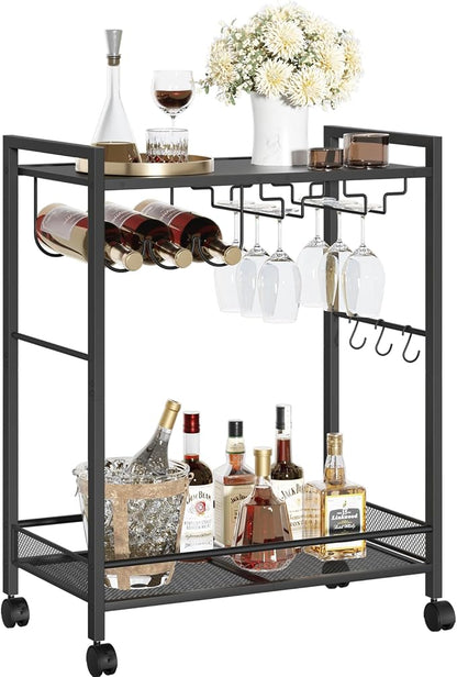 Joaxswe Bar Cart, Home Bar Serving Cart with 2-Tier Shelf,Rolling Beverage Cart with Wheels,Mobile Kitchen Shelf,Modern Black Wine Drink Cart with Wine Rack and Glass Holder for Kitchen,Dinning Room