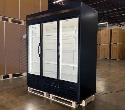 71” Wide Commercial Beverage Refrigerator Display Fridge, Three Glass Door Merchandiser Drink Cooler With LED Light 9 Adjustable Shelves,ETL Sanitation,63.5 Cu Ft,BLACK,Wheels Included