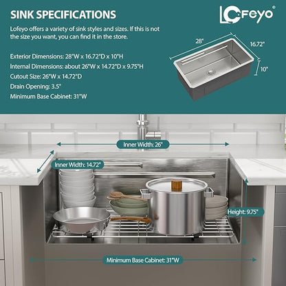 28x17 Inch Undermount Kitchen Sink, Single Bowl Stainless Steel Workstation – Durable, Deep Basin for Remodel & Apartment Kitchens