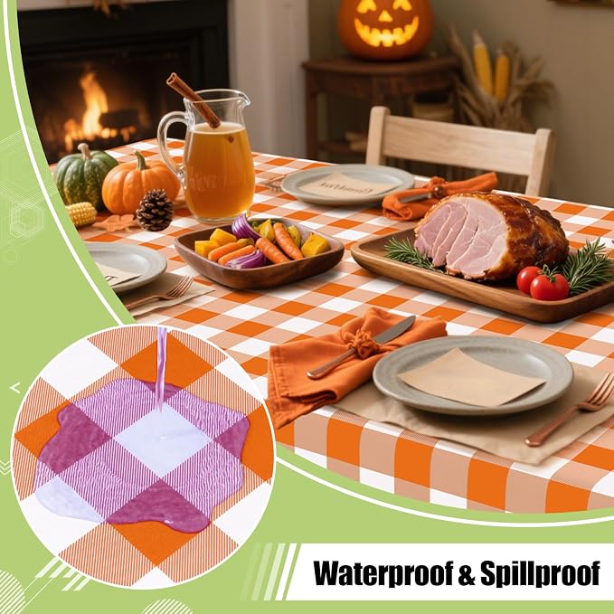 Smiry Picnic Table Cloth, Vinyl Tablecloths with Flannel Backing, 52"x70" | Waterproof Rectangle Table Cloth, Wipeable Buffalo Plaid Table Cover for Indoor and Outdoor (Orange & White)