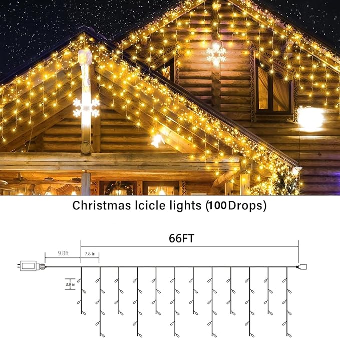 Joomer 66FT Christmas Icicle Lights Outdoor Non-Connectable Warm White | 100 Drops 8 Modes Timer Waterproof Plug-in String Light for Christmas Party, holiday Eaves Roof Xmas Decorations