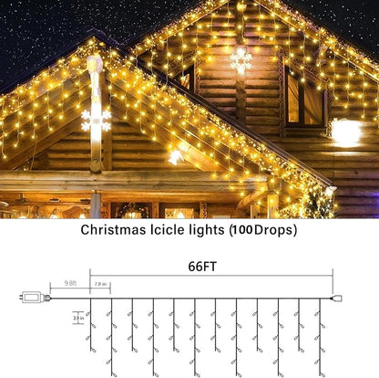 Joomer 66FT Christmas Icicle Lights Outdoor Non-Connectable Warm White | 100 Drops 8 Modes Timer Waterproof Plug-in String Light for Christmas Party, holiday Eaves Roof Xmas Decorations